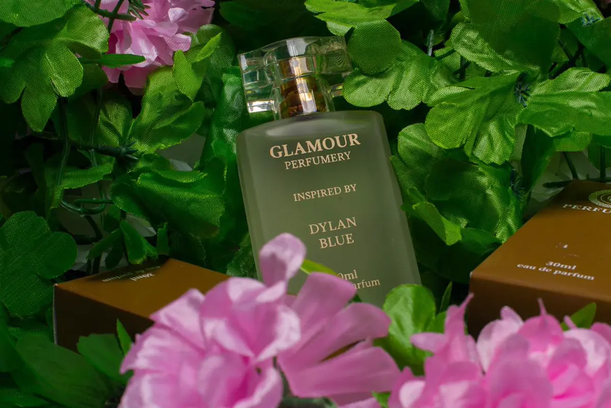 Glamour Perfumery 50ml eau de parfum among green leaves